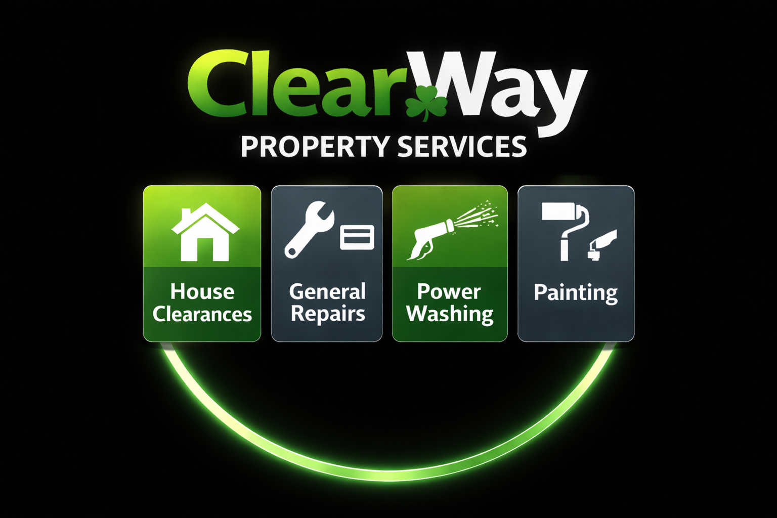 White ClearWay property services van with roof rack, house clearing text, phone number, and service icons.